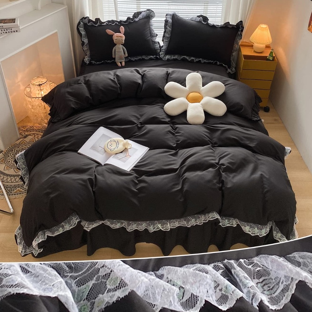 Ultra-soft Lightweight BLACK WHITE Chic Ruffle Lace Duvet 2Pc Set TWIN SIZE